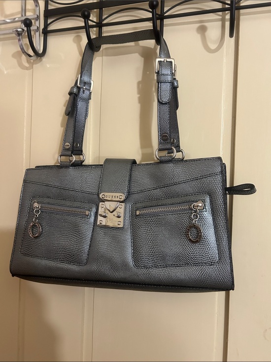 Guess Handbags - Guess Metallic Silver Shoulder Bag with Front Zip Pockets